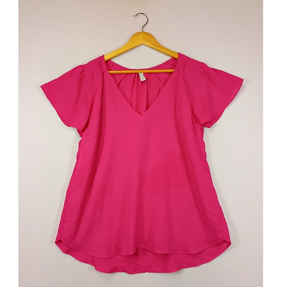 Barbiecore Amisu Women L Pink V-Neck Flutter Sleeve Pleated Back Blouse